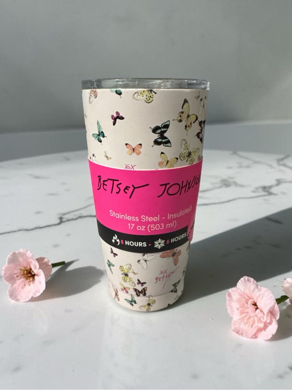 Betsey Johnson Pink Butterfly Stainless Steel Insulated Tumbler - 17 oz NWT
